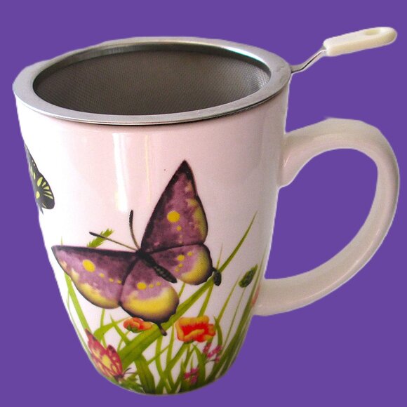 Teaopia Tea/Coffee mug with Tea Infuser, Yellow & Purple butterfies - Picture 2 of 8